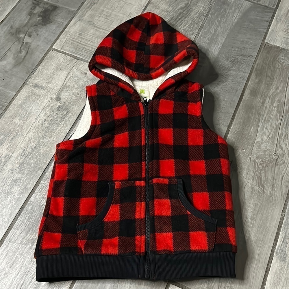 Wonder kids red plaid lumberjack hooded vest full zip 5T unisex